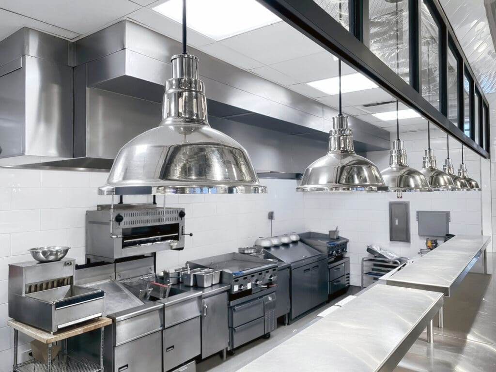 Commercial kitchen with clean counter top