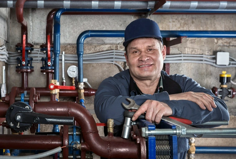 Plumber smiling over pipes